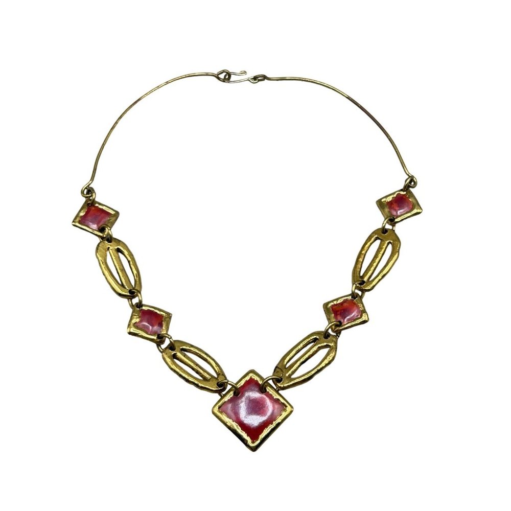 Vintage 70s Brutalist Necklace Handcrafted Brass & Enamel Statement Jewelry